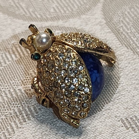 Vintage SPHINX Beetle Brooch Faux Lapis Pearl Rhinestone Bug Insect Pin - Picture 5 of 14